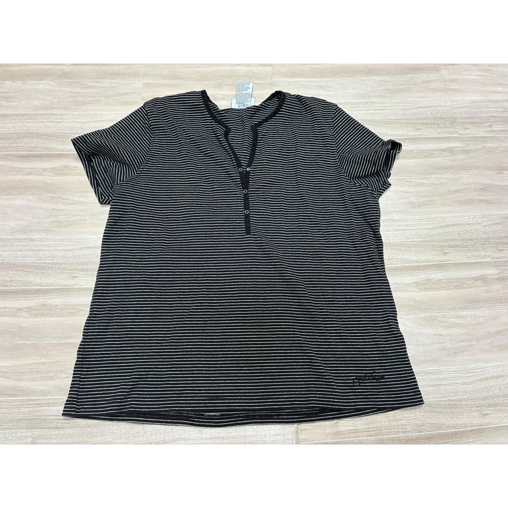 Jonathan Logan Black White Striped Henley Top Cotton Short Sleeve XL 527475